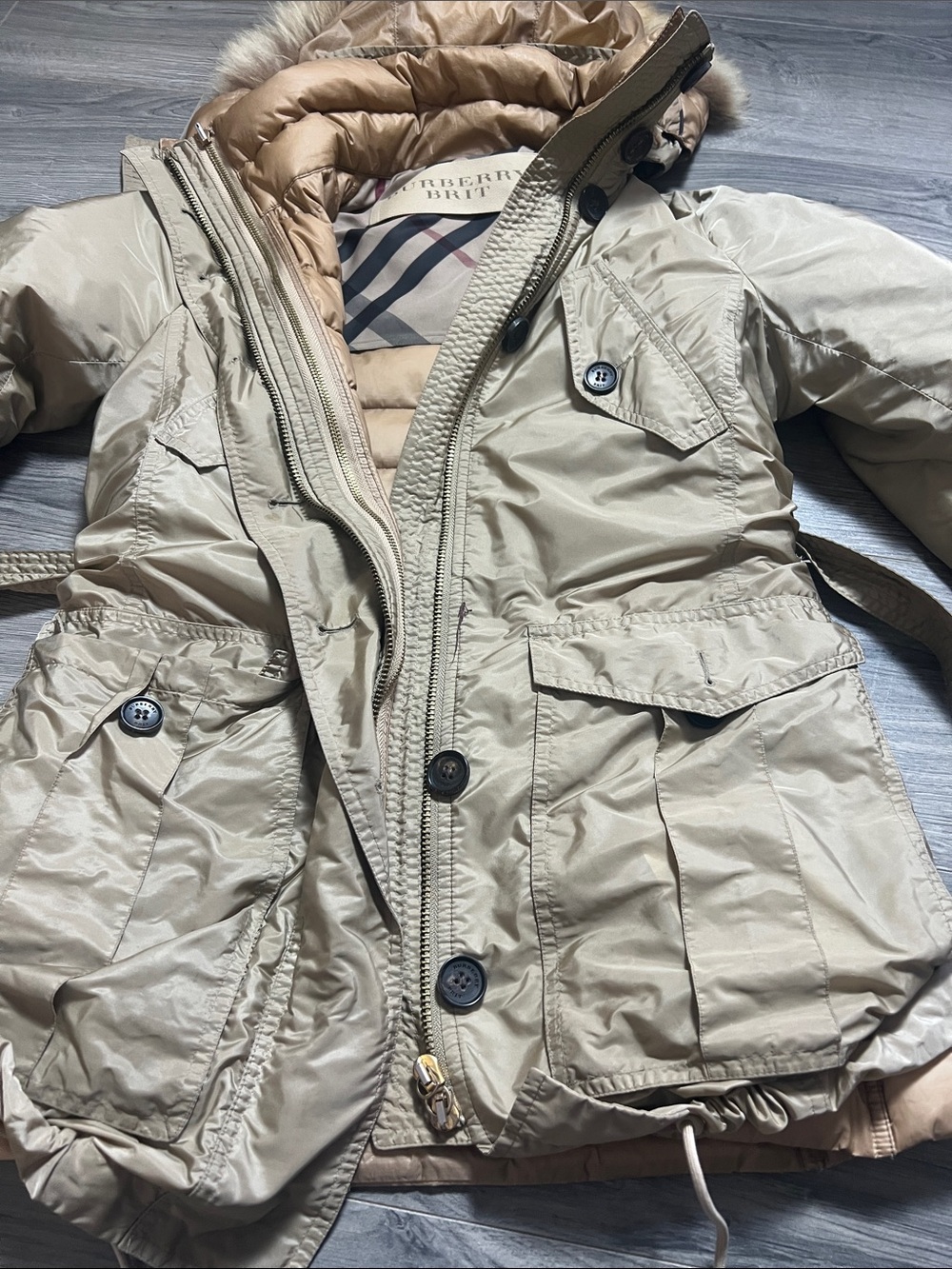 3-in 1 Burberry Beige/Tan Quilted Hooded Belted Parka with Faux Fur Trim - Picture 3 of 16